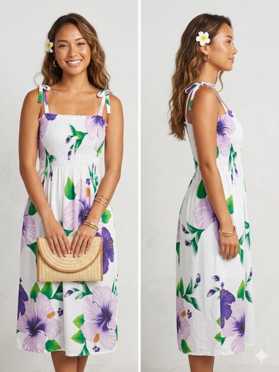 Unbranded Dresses & Skirts - Unbranded Floral White Purple Smoched Elastic Tie Shoulder Strap Dress - Size S